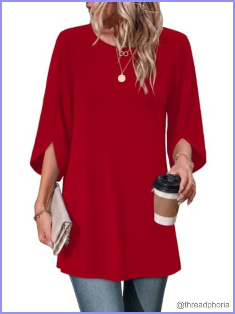 Womens Tunic Top 3/4 Sleeve Boho Split Sleeve Curved Hem Casual Blouse